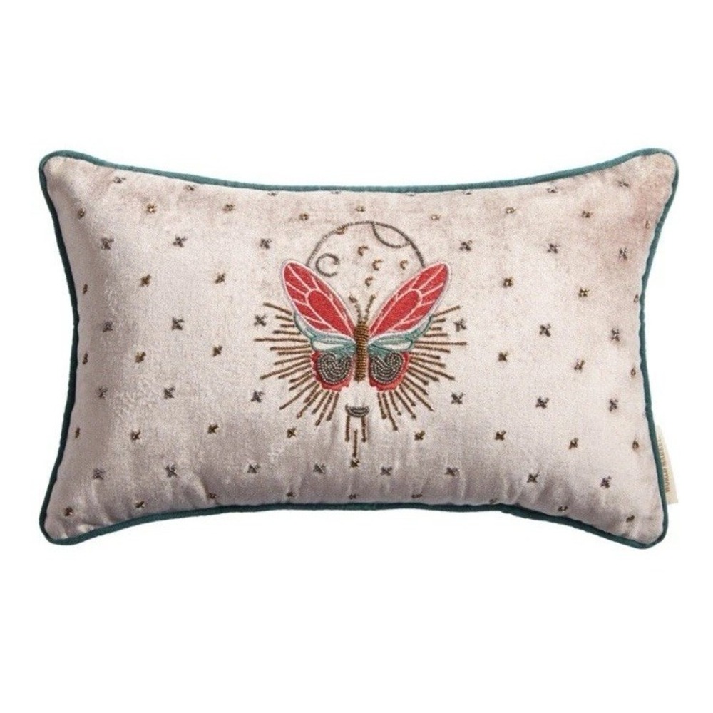 World Market Velvet Beaded Butterfly Embroidered Lumbar Pillow Anthro Vibe Boho